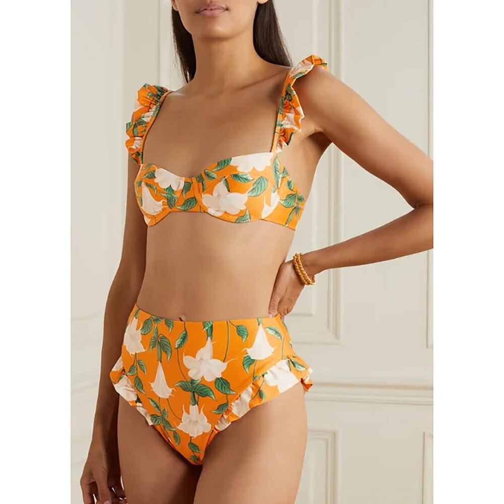 New Bikini Split Swimsuit Ruffled High Waist Printed Atmosphere Swimwear Beachwear and Wrap Skirt Set One Piece Swimsuit