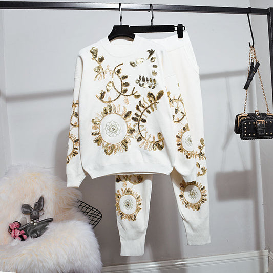 Autumn Women Set Embroidery Sweater Knitted Pencil Pants Two Piece Outfits Female Casual White Pullover Tops Knit Trousers 2pc
