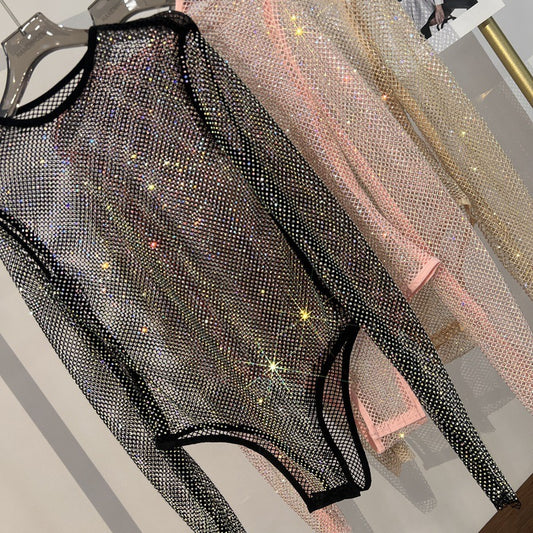 Summer new style women shiny rhinestone fishnet see-through jumpsuit mesh fashion  jumpsuit