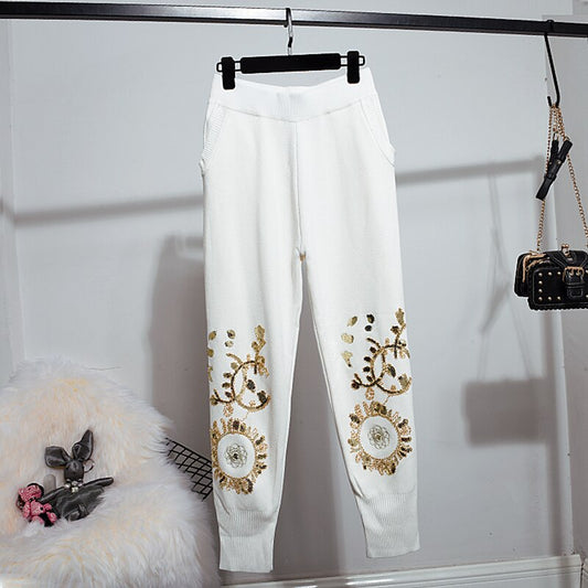 Autumn Women Set Embroidery Sweater Knitted Pencil Pants Two Piece Outfits Female Casual White Pullover Tops Knit Trousers 2pc