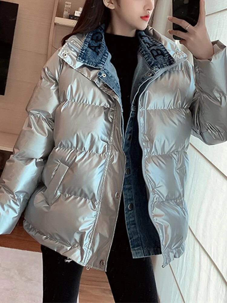 Two-piece Bright Down Jacket Women's Autumn Winter New Loose Design Denim Stitching Long-sleeved Bread Cotton Coat Female