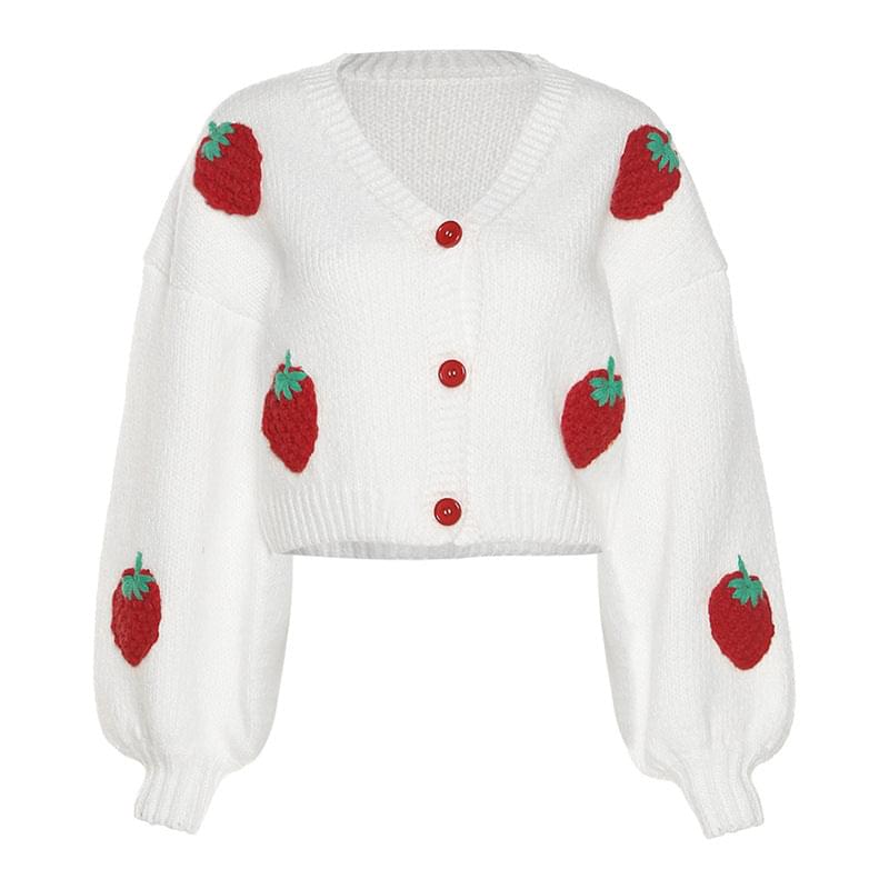 Autumn and Winter New Women's Fashion Design Single breasted V-neck Knitted Cardigan Strawberry Long Sleeve Sweater