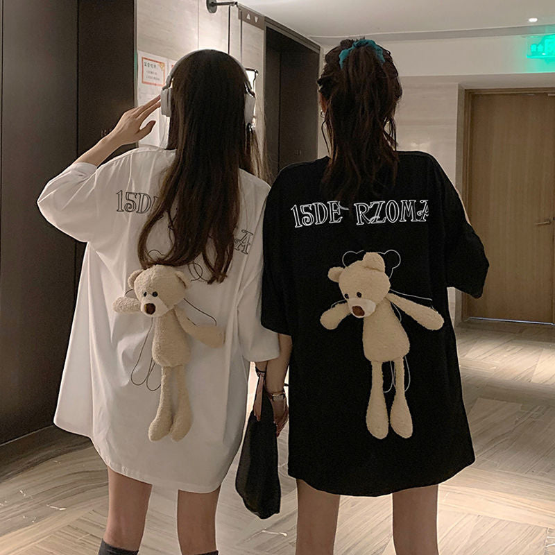Cute Bear Couple T-Shirt - Loose, Mid-length, Short-sleeved - Trendy Summer Outfit for Girlfriends and Boyfriends