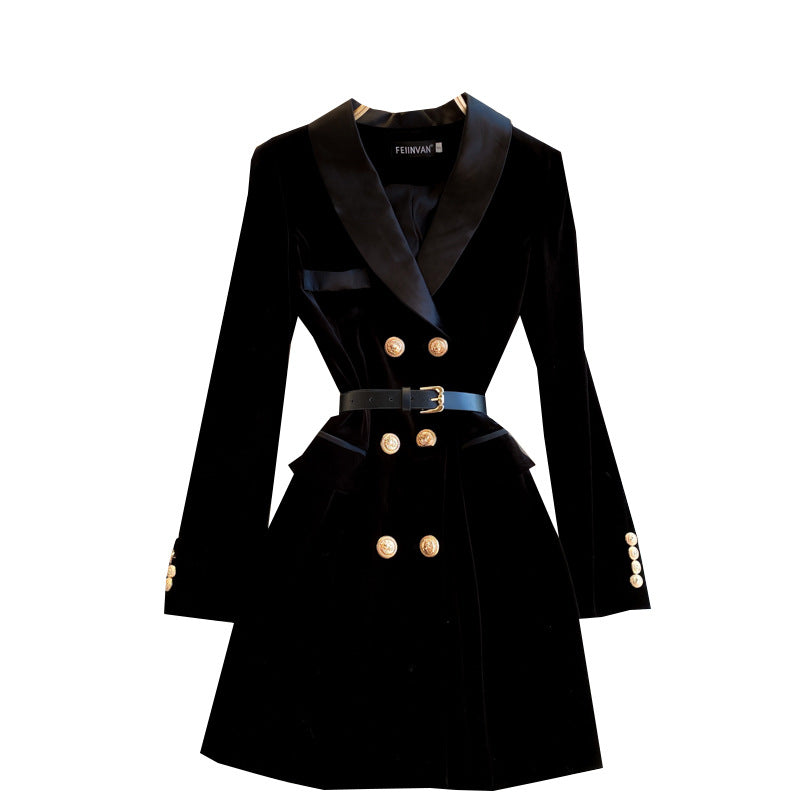New Women's Suit Collar Temperament British Style Double Breasted Slim Velvet Dress