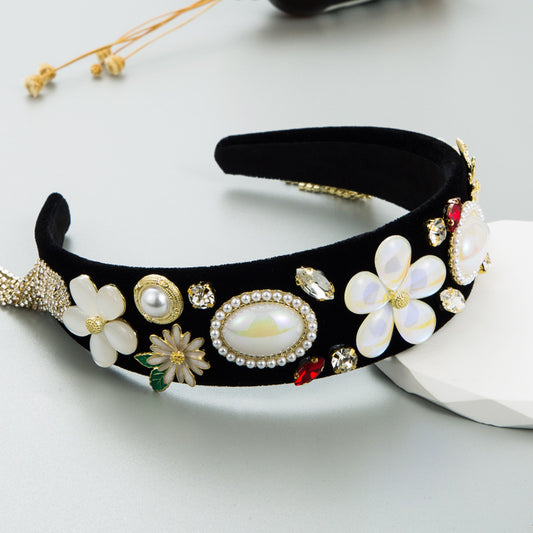 Vintage Baroque New Flower Pearl Tassel Hair Charm Velvet Fabric Headband Accessories