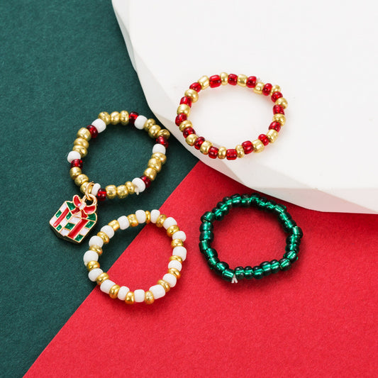 New Christmas Series Colorful Rice Ball Ring Set ins Fashion Elastic Ring Girl
