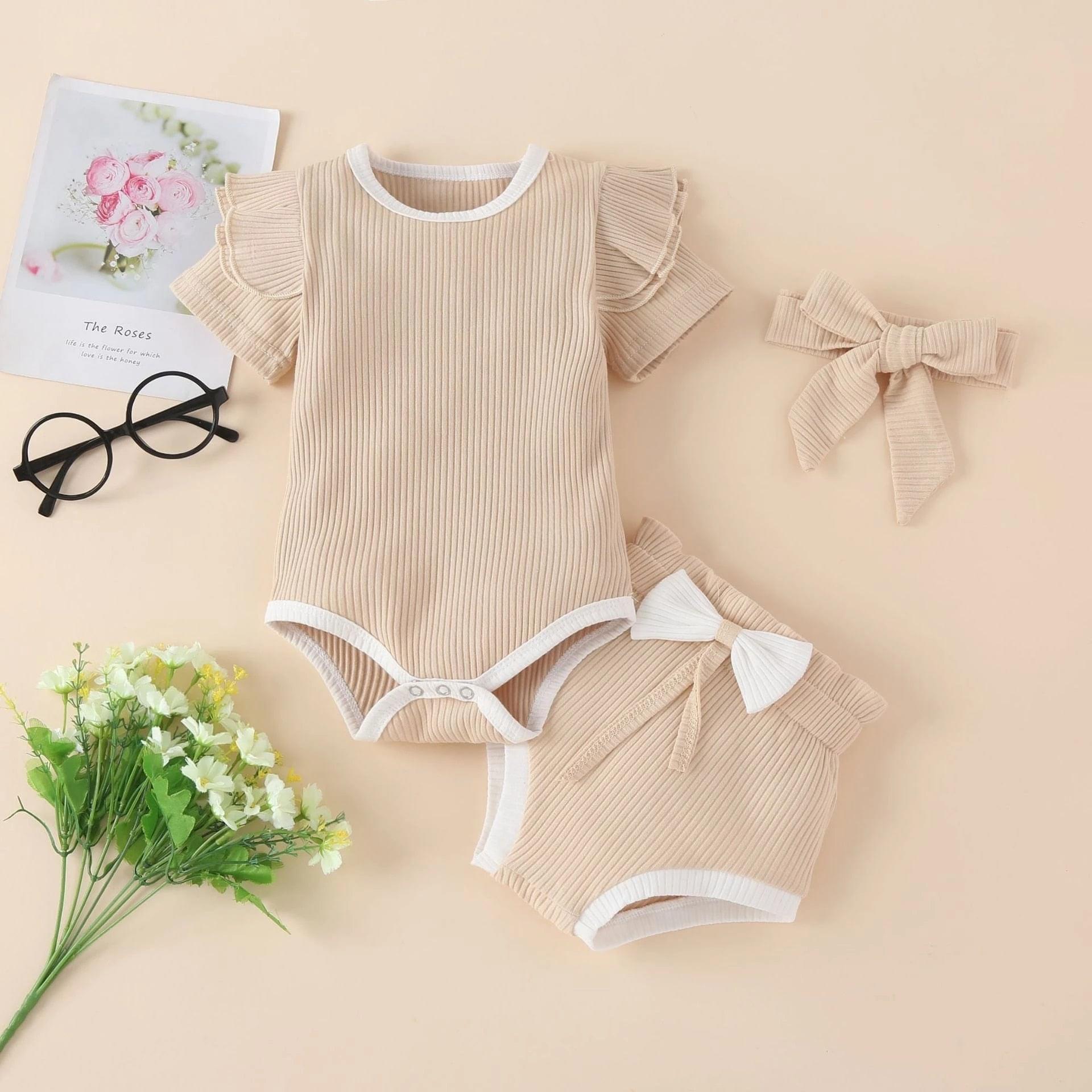 Autumn and winter foreign trade children's clothing solid color pit striped cotton long-sleeved romper with bowknot trousers three-piece suit