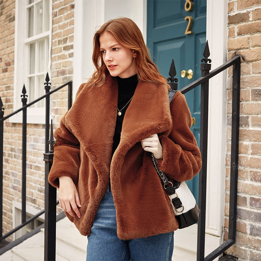 Caramel Fashionable Large Lapel Fur Coat Women's Autumn And Winter Thickened Short Coat