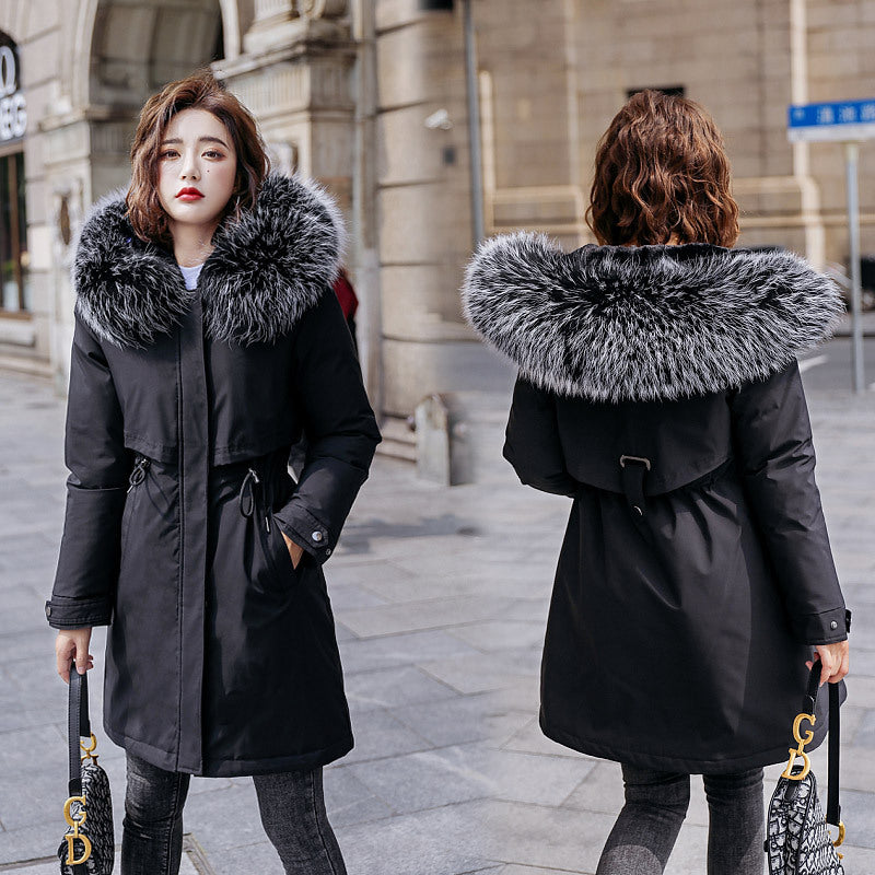 Thickened Cotton Padded Jacket Women's Inner Plush Style Overcame Long Large Feather Collar Down Cotton Padded Jacket Large Size Coat