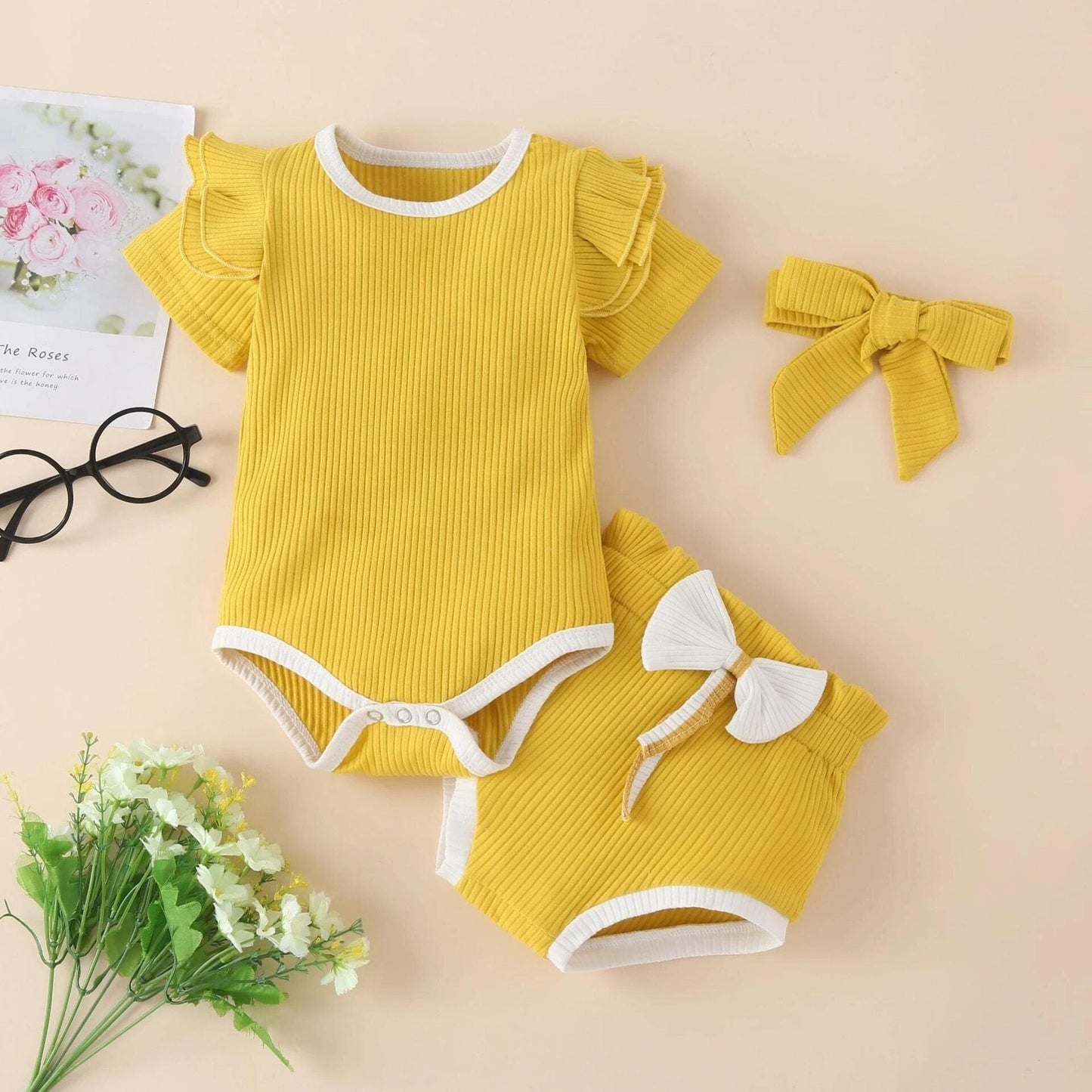 Autumn and winter foreign trade children's clothing solid color pit striped cotton long-sleeved romper with bowknot trousers three-piece suit
