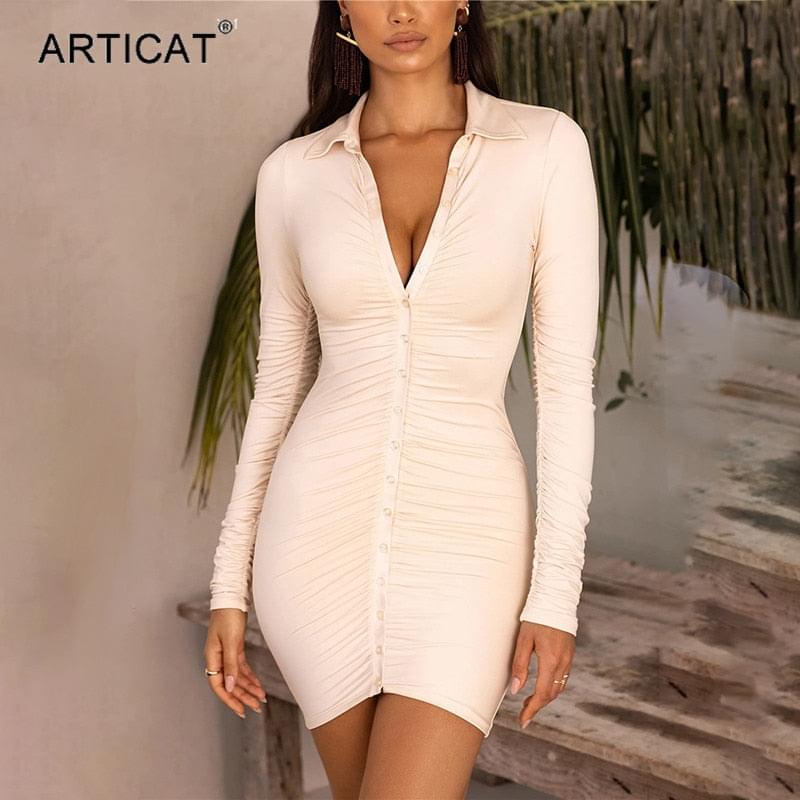 Articat New Autumn Casual Women's Dresses Vintage Bodycon Single-breasted Summer Dress Simply Ruched Y2K Women's Clothing
