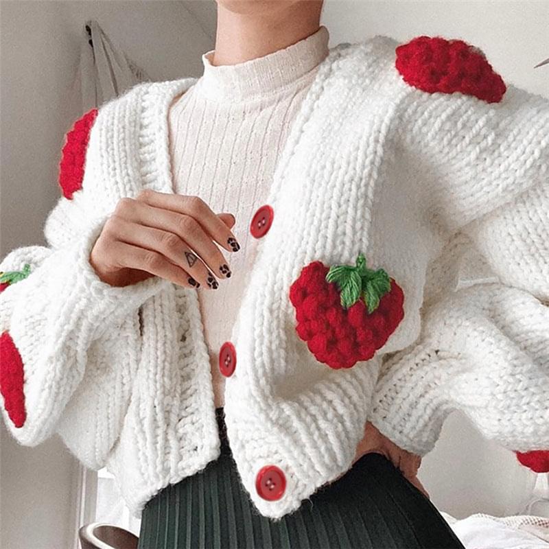 Autumn and Winter New Women's Fashion Design Single breasted V-neck Knitted Cardigan Strawberry Long Sleeve Sweater