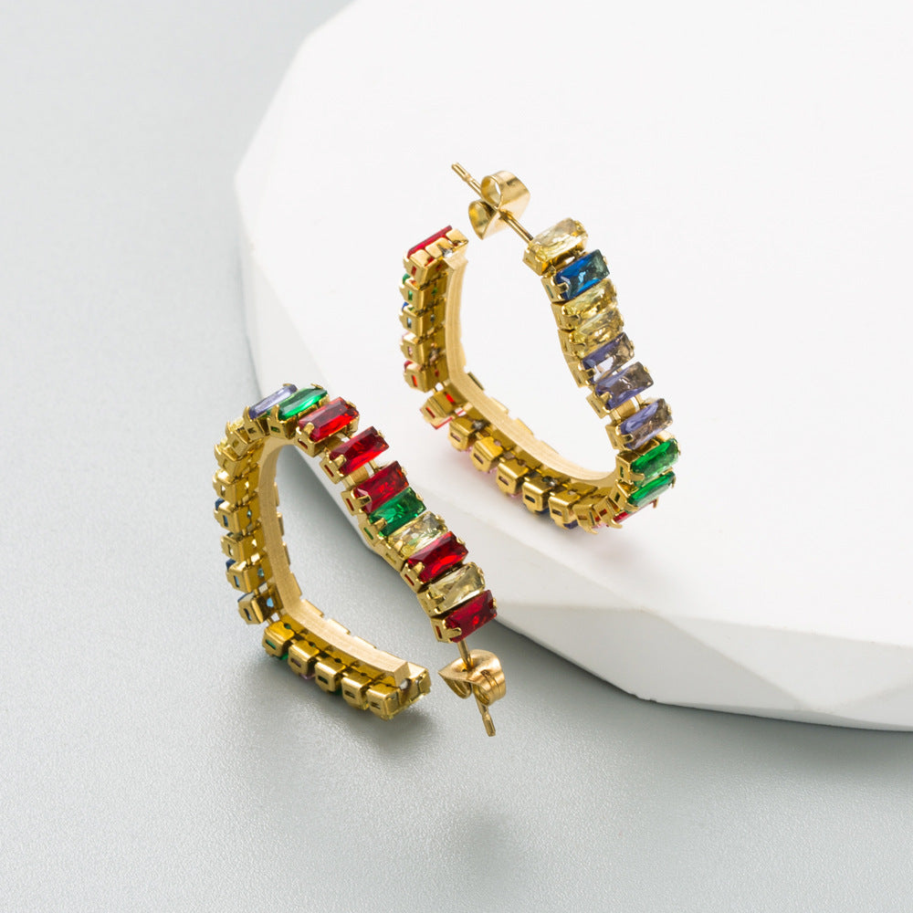 New Titanium Zircon Earrings Geometric Color Drill Earrings Versatile Personalized Earrings