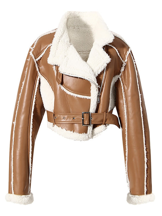 High Street Trend Motorcycle Style Fur Integrated Thickened Short Jacket Coat Women's Autumn and Winter Wear New Style with Waist Belt