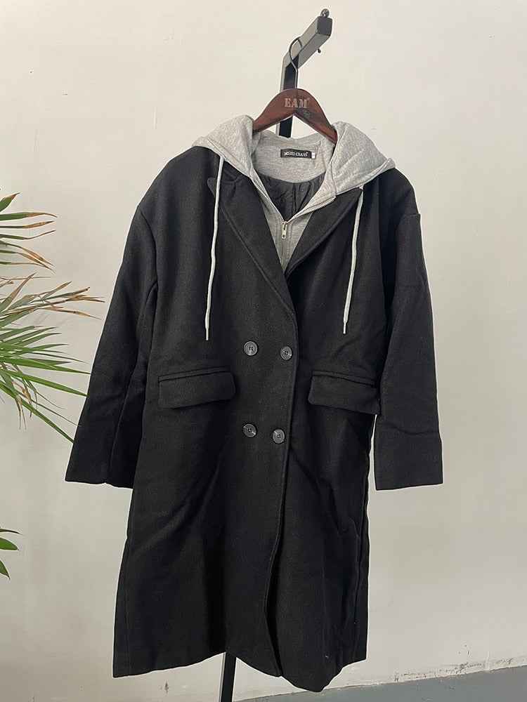Long Sleeve Women Trench Coat Outwear Fashion Ladies Clothing Fake Two-piece Hooded Long Windbreaker Casual Overcoats