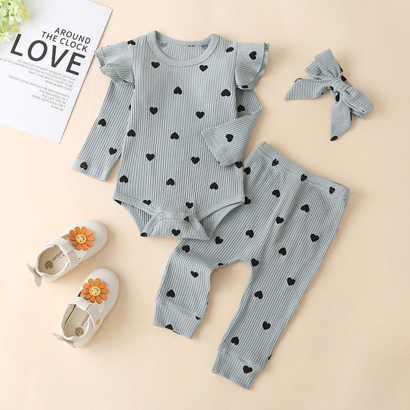 Autumn Girl Casual Hang Striped Multicolor Long Sleeve Romper Love Print Three-piece Set