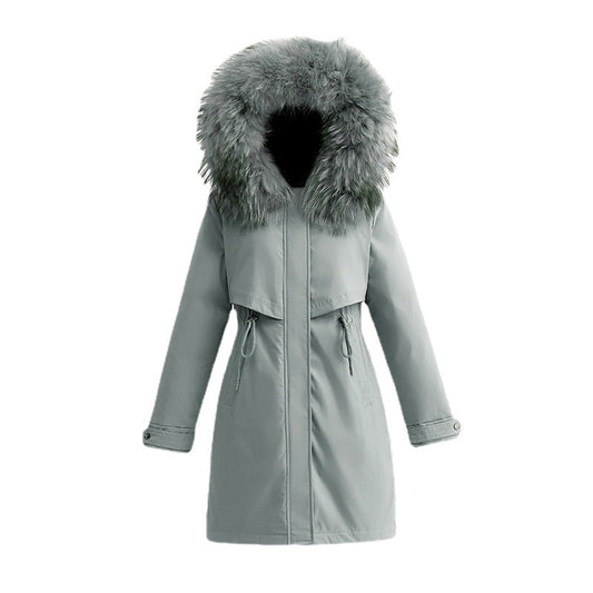 Thickened Cotton Padded Jacket Women's Inner Plush Style Overcame Long Large Feather Collar Down Cotton Padded Jacket Large Size Coat