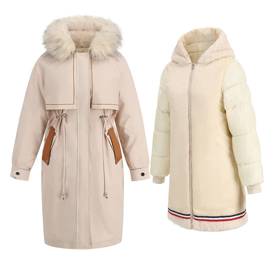 Cotton Coat Winter Long Warm Zipper Coat Wool Collar Jacket 2 Pcs