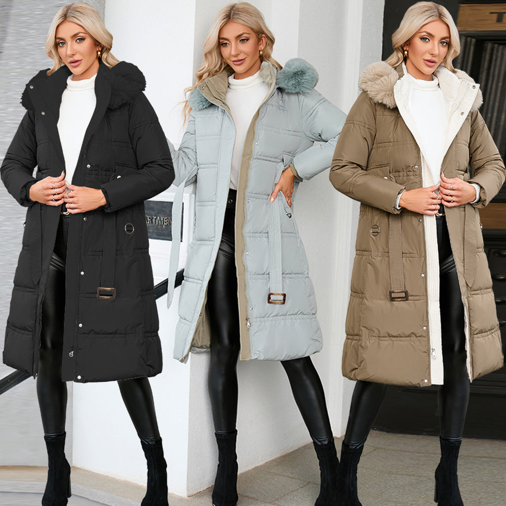 Fur Collar Color Coat Winter New Slimming Down Cotton Jacket In The Long Coat Women