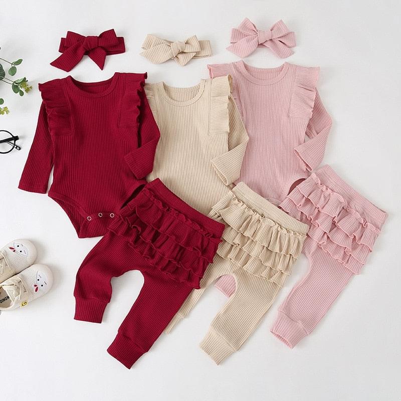 Autumn children's clothing girls casual pink long-sleeved lace-sleeved romper three-piece suit with bow headdress