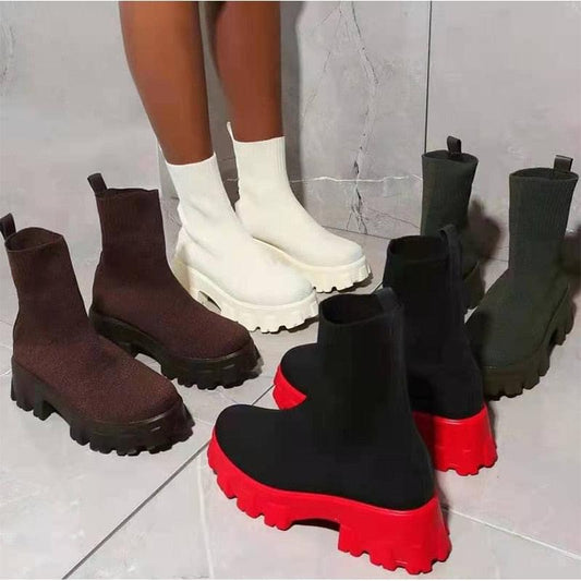 Ankle Sock Stretch Boots Designer Chunky Platform Snow Boot New Winter Warm Fashion Mid Heels Knitting Chelsea Women Shoes